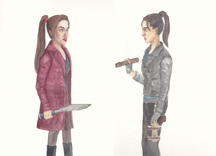 two armed women facing off